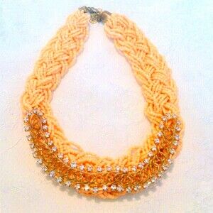 Vintage Peach Seed Bead and Rhinestone Braided Necklace